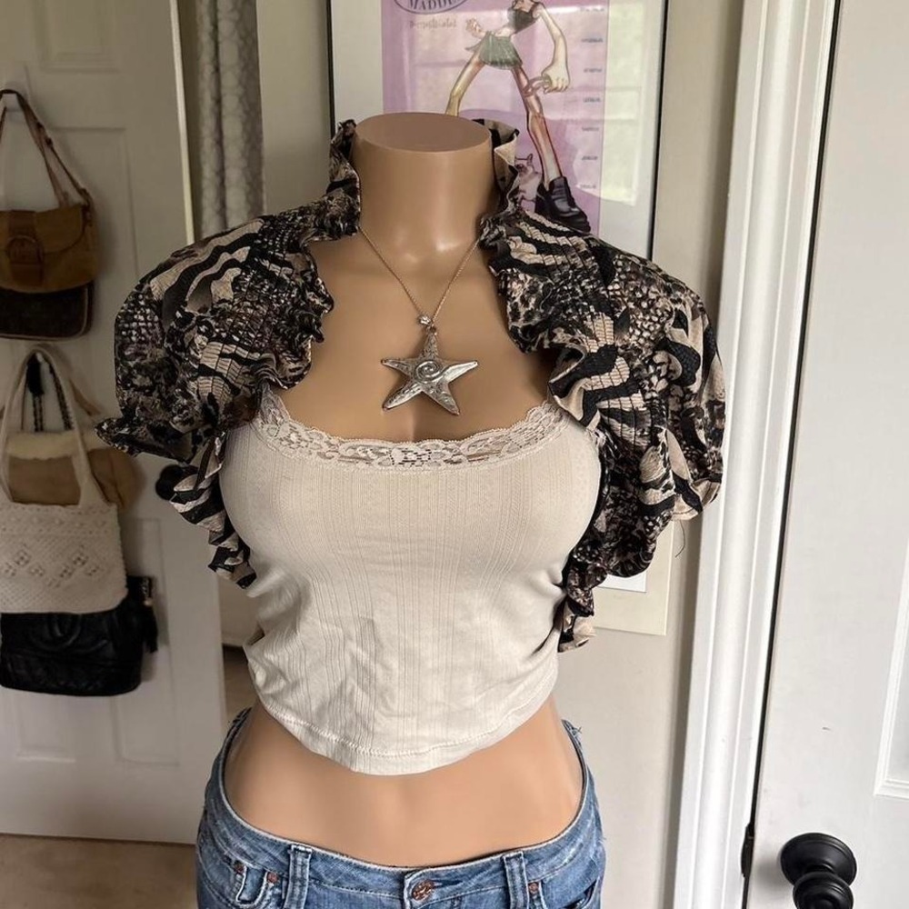 y2k 2000s leopard ruffle shrug bolero